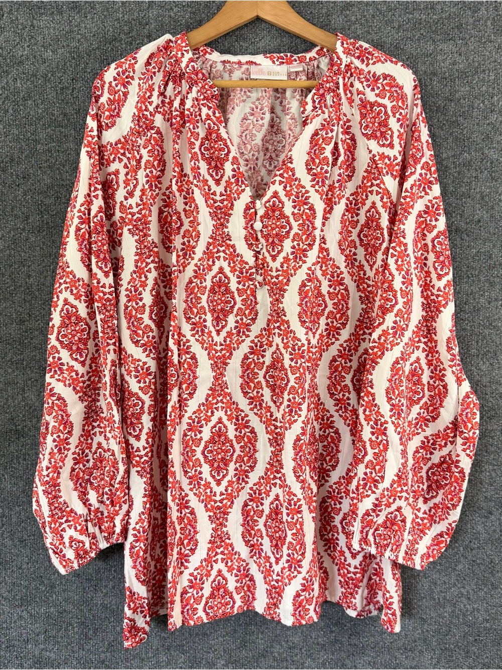 Belle Kim Gravel 4X Top Red Off White Damask Metallic Lurex Boho Peasant Blouse